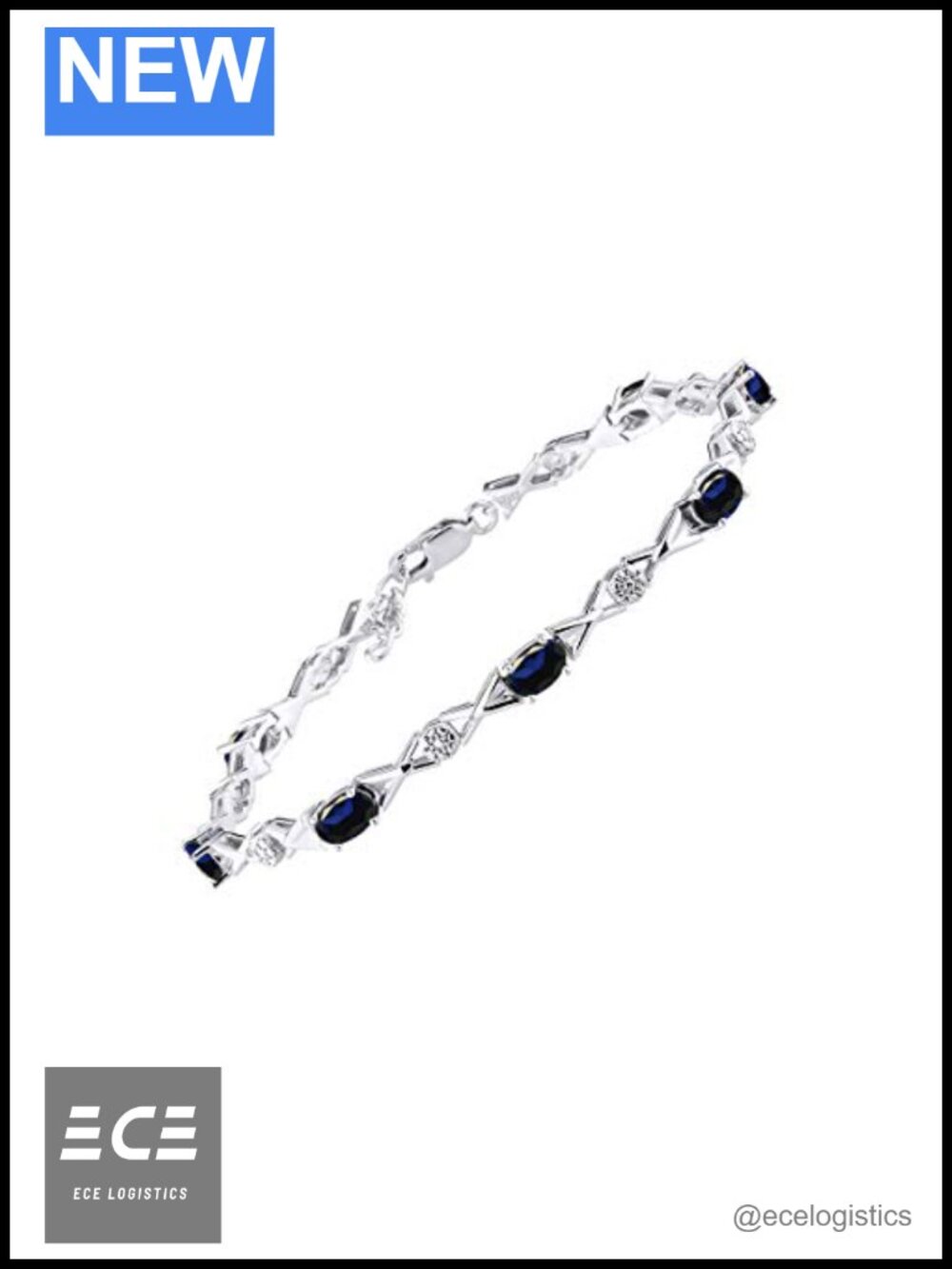 925 Sterling Silver XOXO Tennis Bracelet Sapphire & Diamonds Adjustable 7"-8"